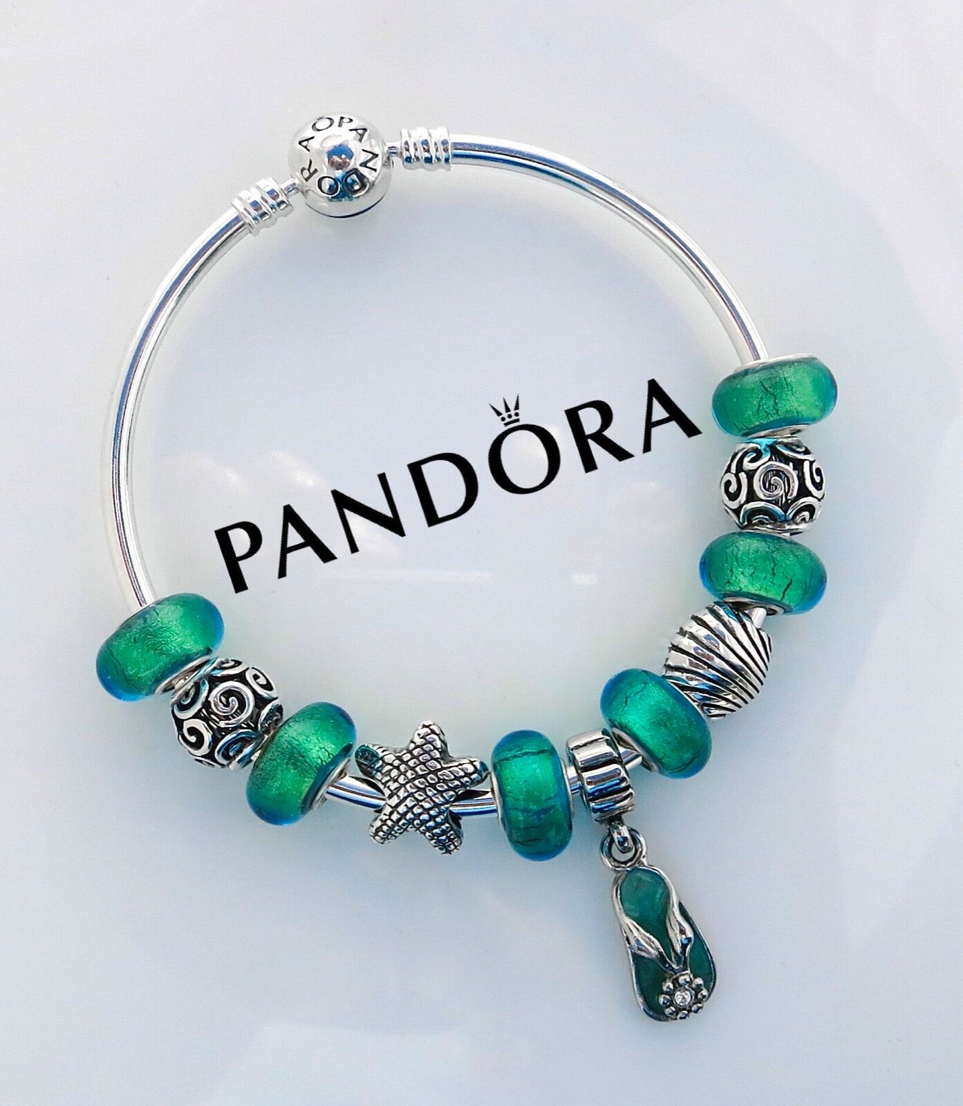 PANDORA Bangle Bracelet with Green Sterling Silver Foil