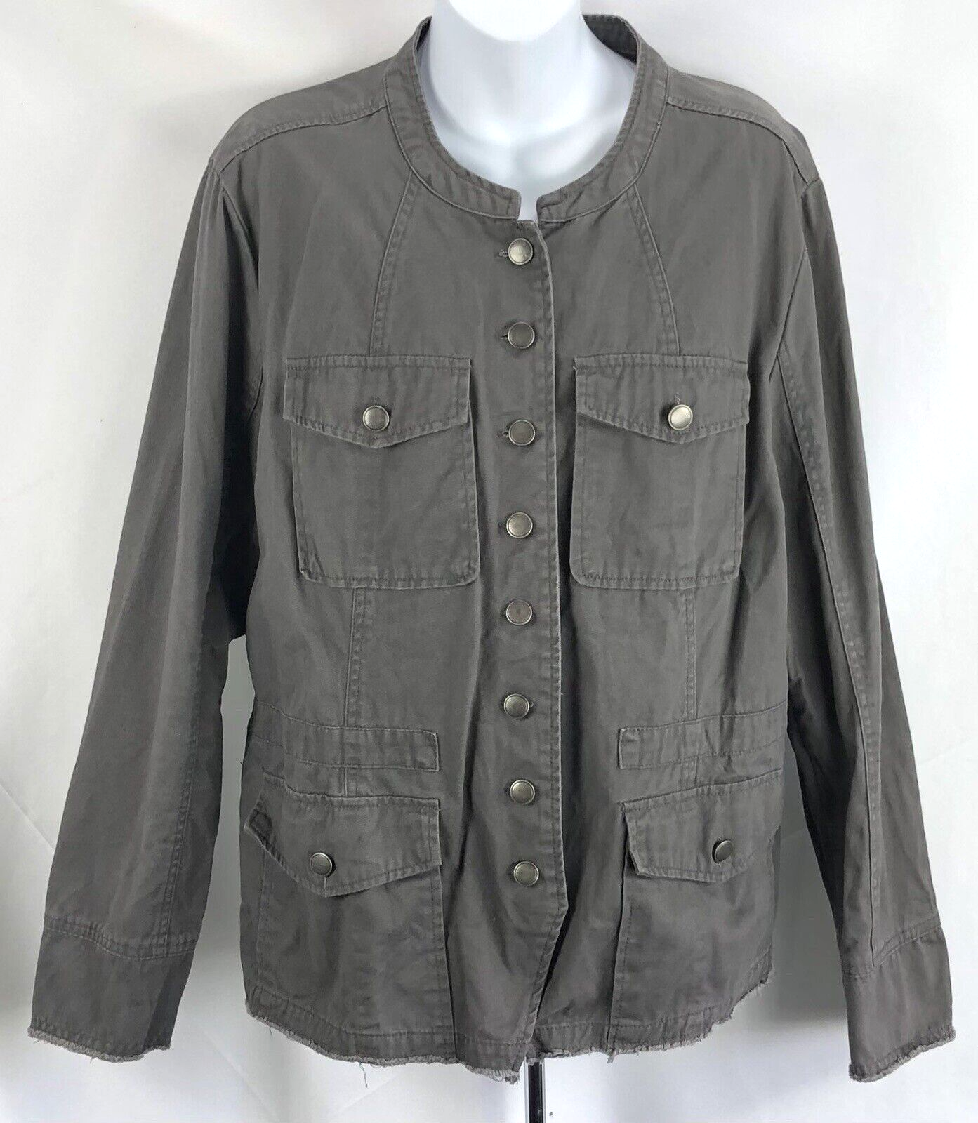 Retro Distressed Jacket L Gray ButtonUp Fringe Hem Grunge Retro Distressed Jacket L Gray ButtonUp Fringe Hem Grunge