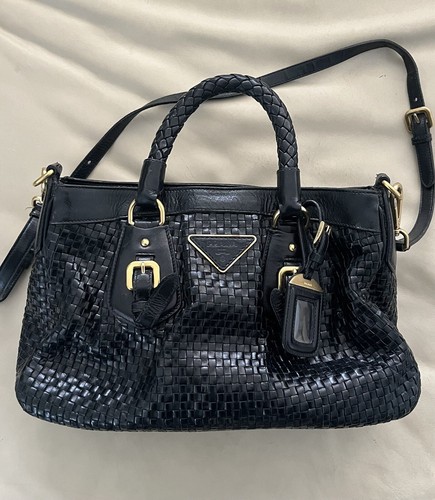 Authentic PRADA Vintage Shoulder Purse Black/Gold Woven