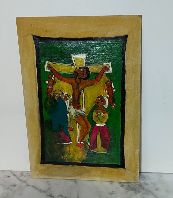 BEAUTIFUL ETHIOPIAN FOLK ART OIL PAINTING DEPICTING CHRIST ON THE CROSS
