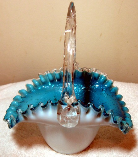Antique Victorian Art Glass Basket Blue with Mica Chips and Thorn Handle