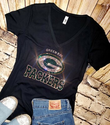 Green Bay Packers UNISEX New Crewneck or VNeck Bling Tshirt for Women Sm -5X