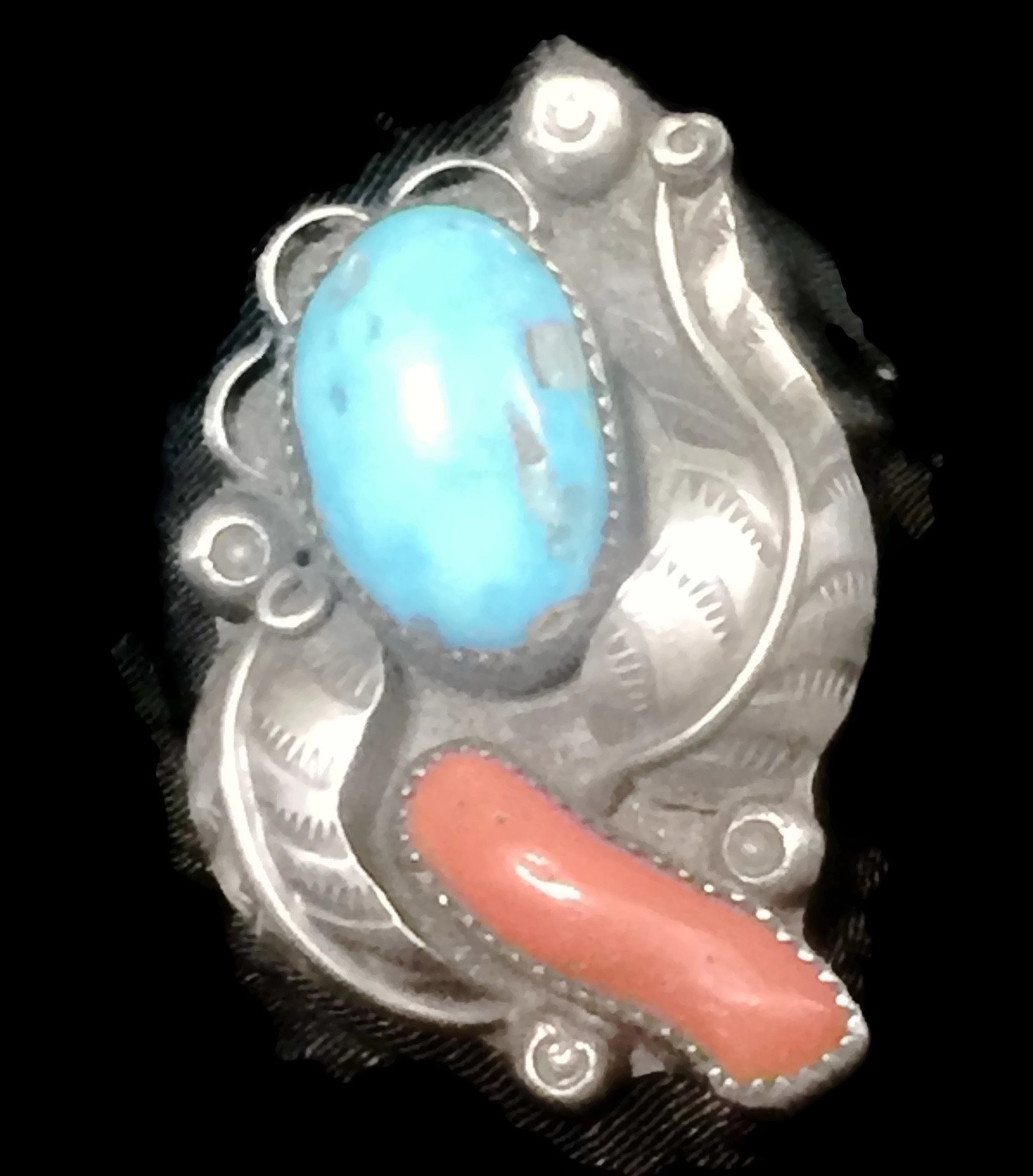 Turquoise Ring Southwest Coral Vintage Sterling Silver Size 6.5 Women Tribal