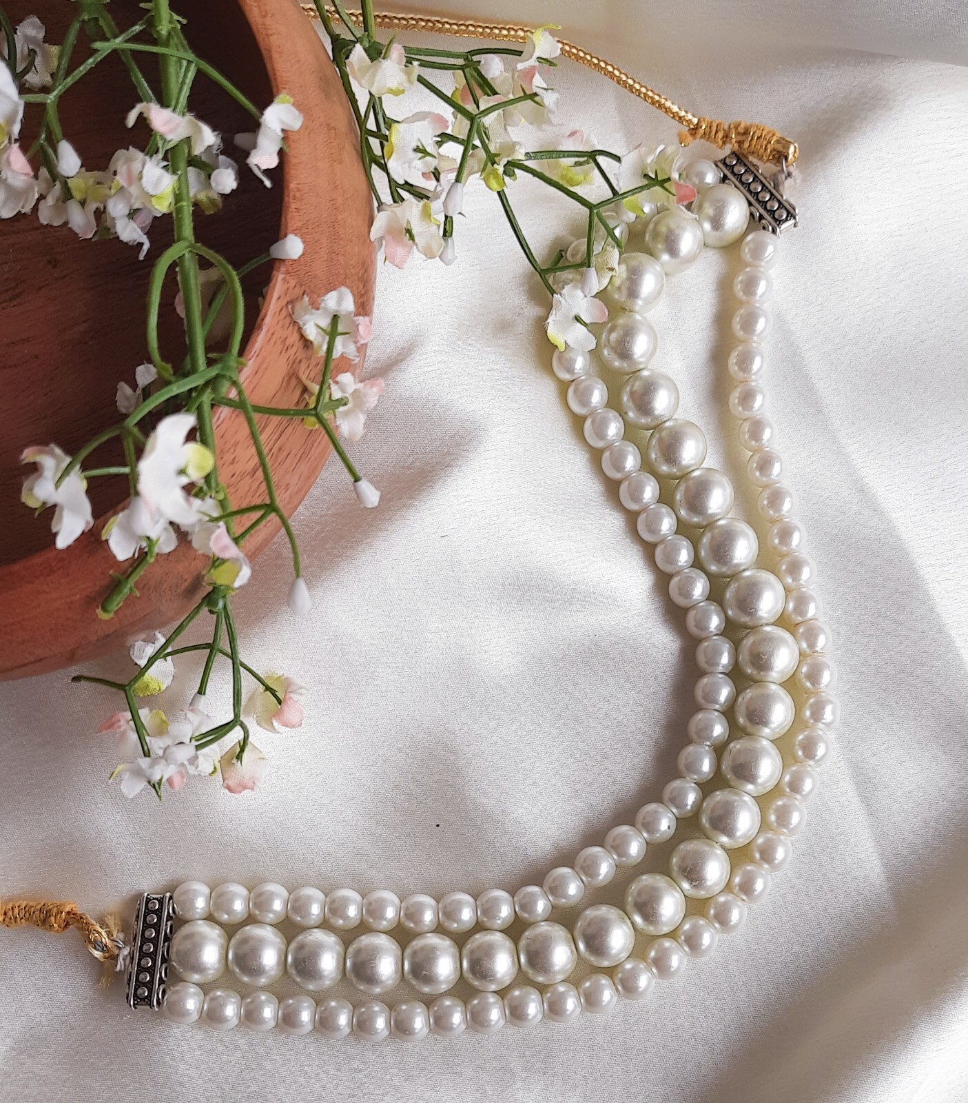 Multi 3 Strand Faux Pearl Choker Necklace Pearls White Women