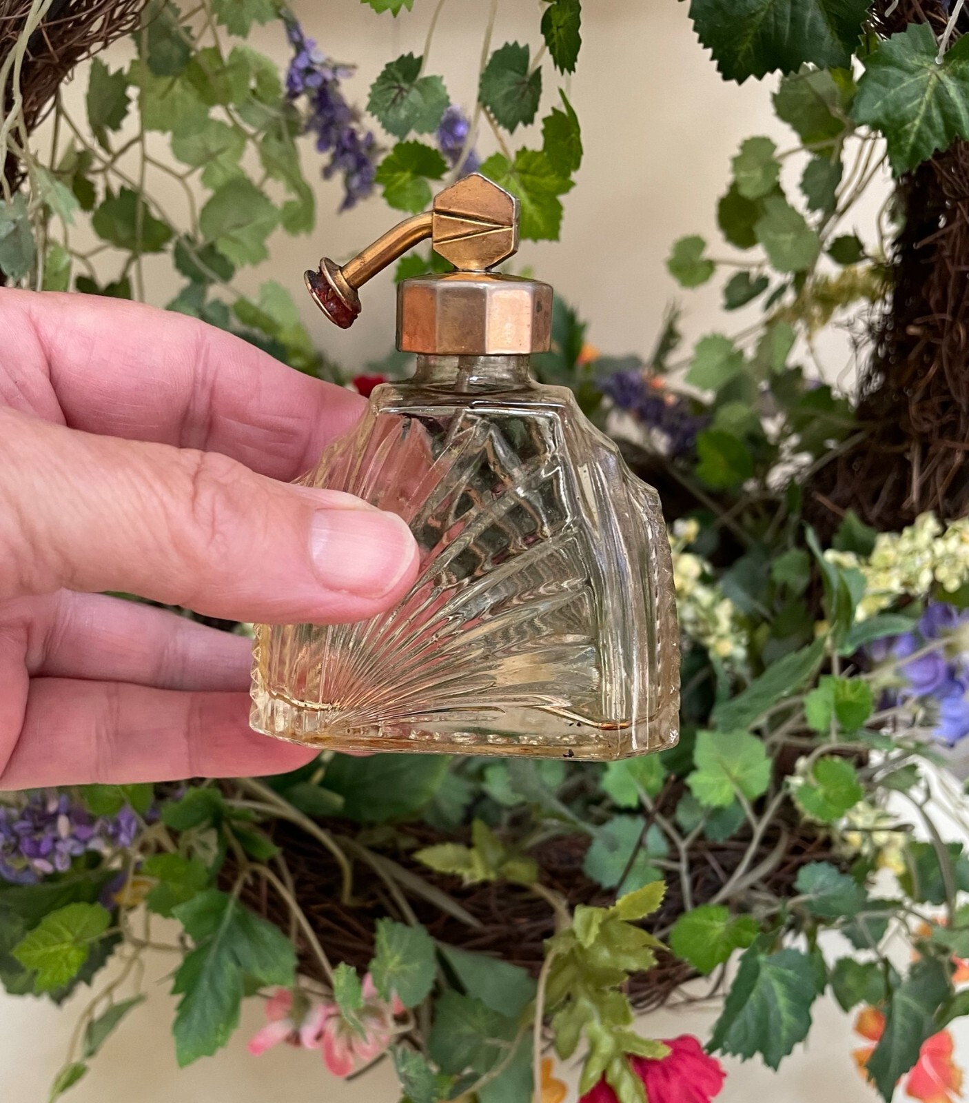 Vintage Holmspray Art DECO Glass Perfume Bottle~Brass Top