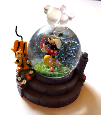 Disney Store Snow Globe - Mickey Walking with Balloons and Pluto Running Flowers
