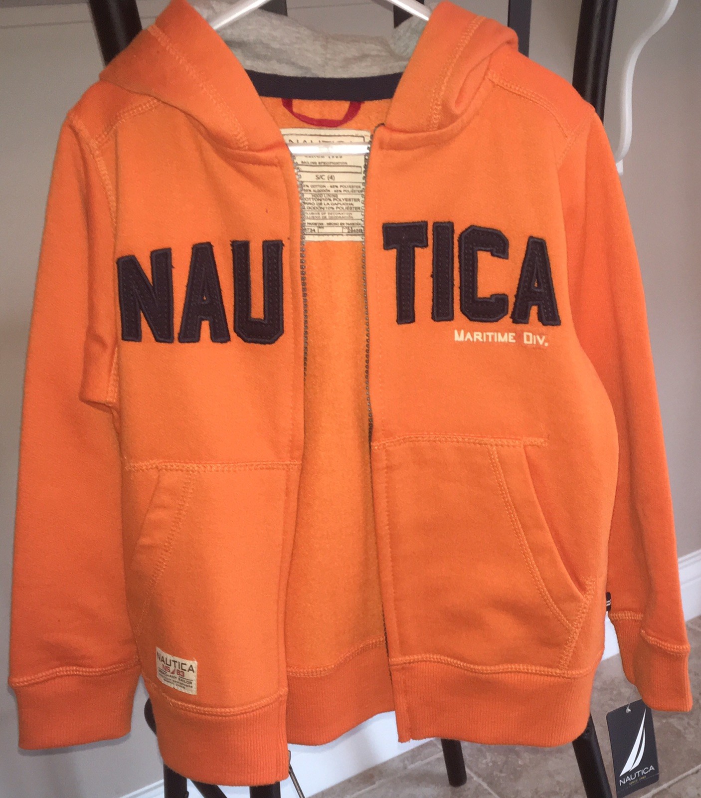 Kids Boys Nautica Full Zip Orange Navy Blue Hooded Coat Jacket, Size 4 Small S