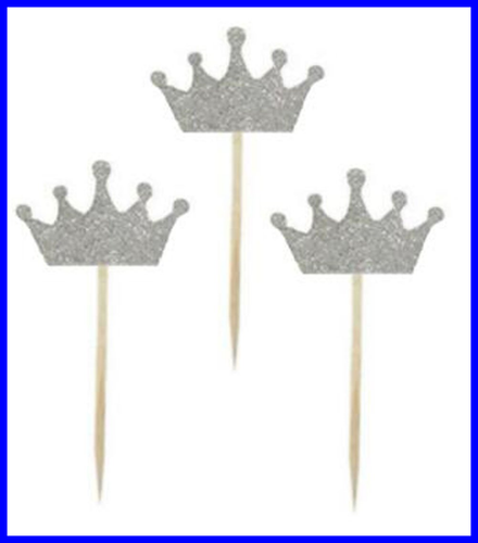 25 Pack SILVER Glitter Crown Cupcake Toppers For Birthday Party Baby Shower Deco