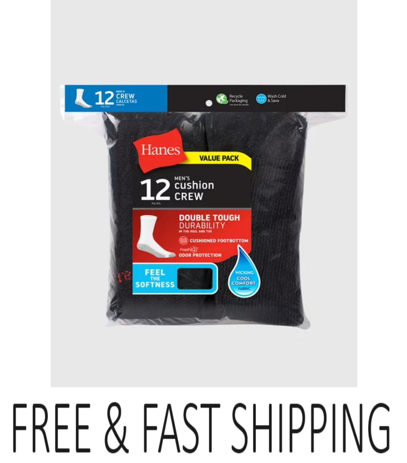 Hanes Men's Max Cushion Crew Socks, 12-Pack