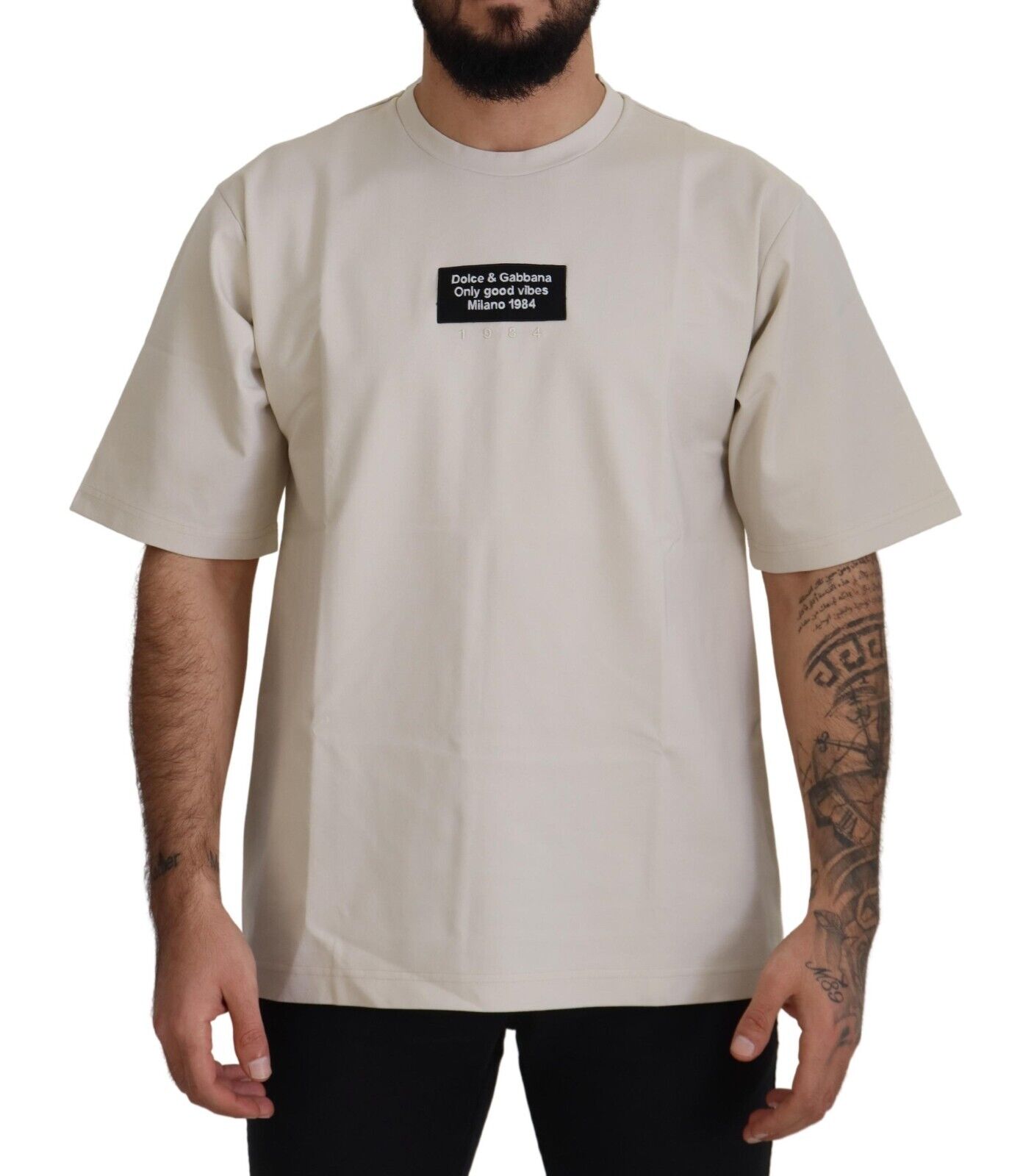 DOLCE & GABBANA T-shirt Cotton Ivory Printed Crewneck IT46 DOLCE & GABBANA T-shirt Cotton Ivory Printed Crewneck IT46