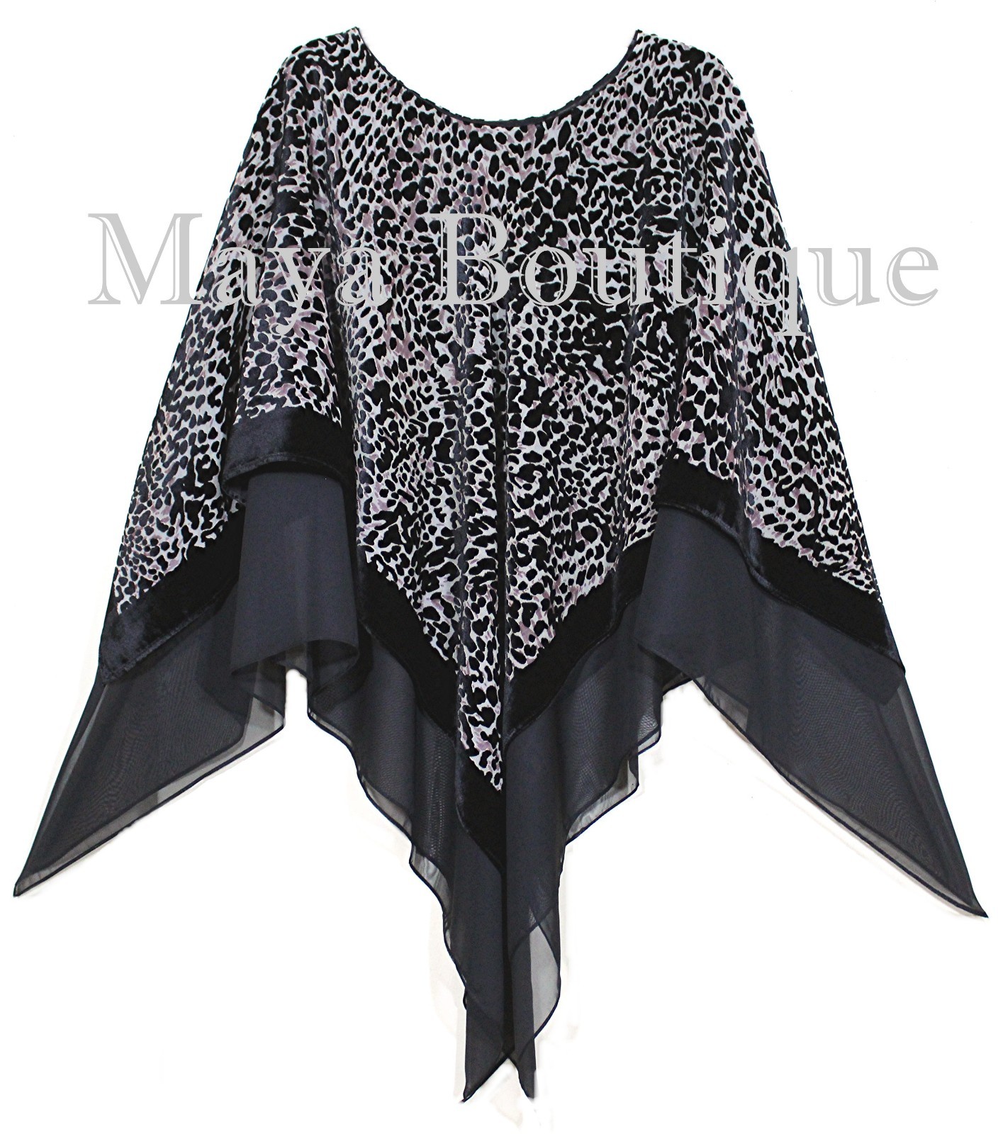 Pre-owned Maya Matazaro Layered Poncho Top Animal Print Burnout Velvet & Chiffon Usa Made In Multicolor