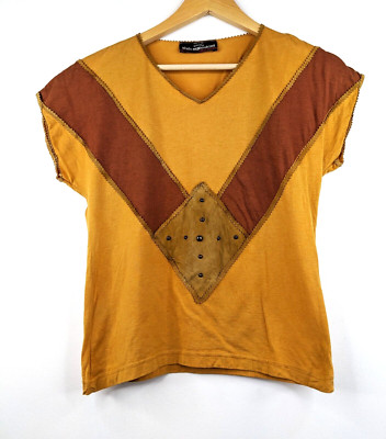 ALAIN MANOUKIAN Italy Vintage 70s Women Brown Beaded Geo T-shirt Tee Size S