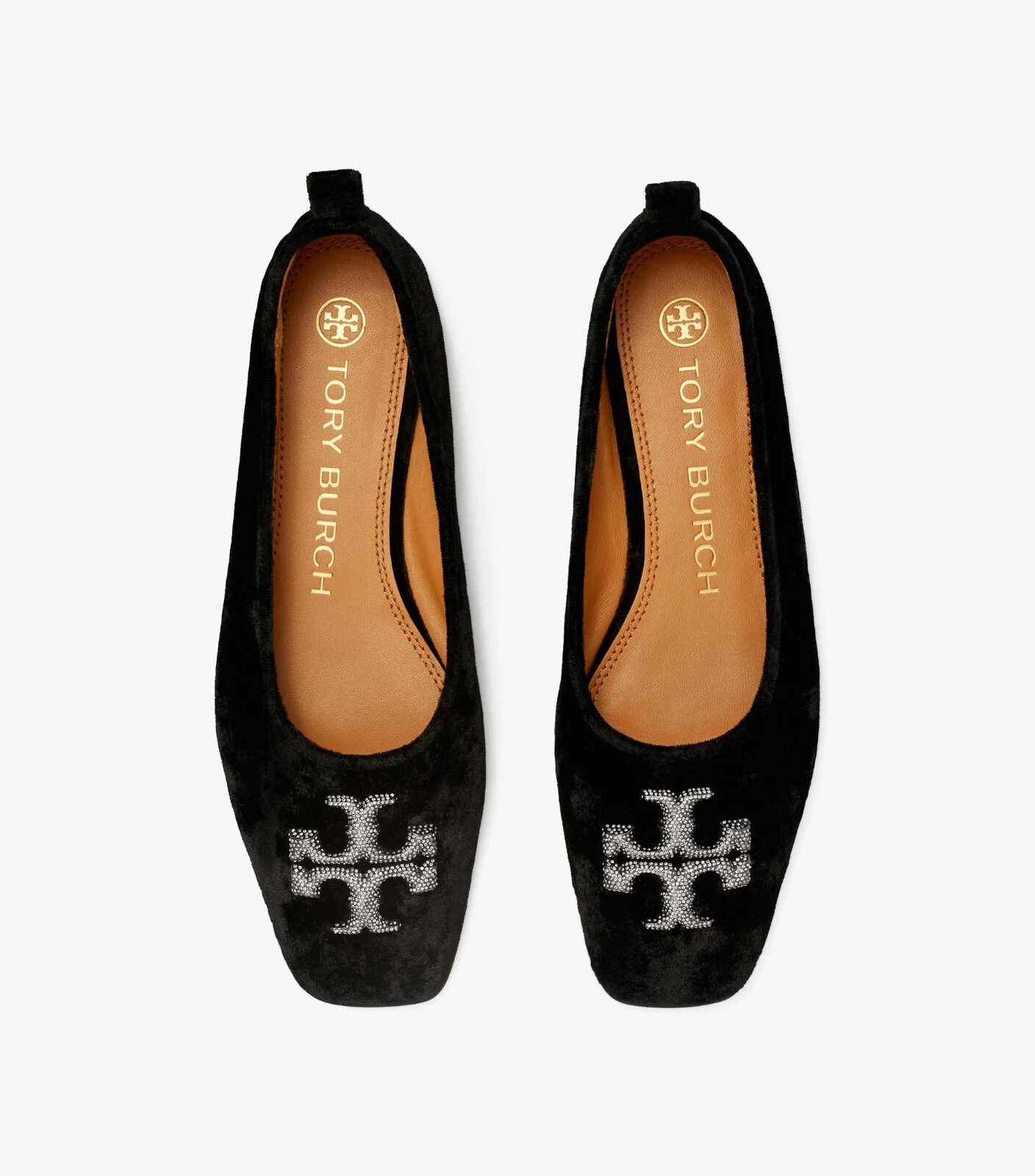 Pre-owned Tory Burch Eleanor Pave Crystal Logo Velvet Ballet Flat Black 7 7.5 8 8.5 9