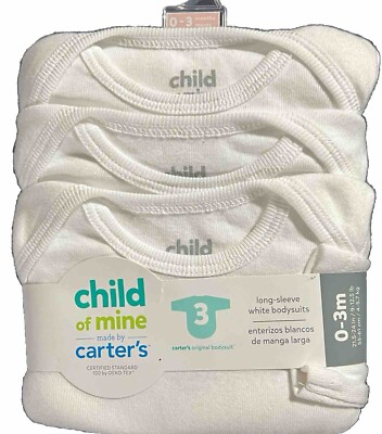 Child Of Mine Carter's 3pk Infant Long Sleeve White Bodysuits 0-3Months NEW
