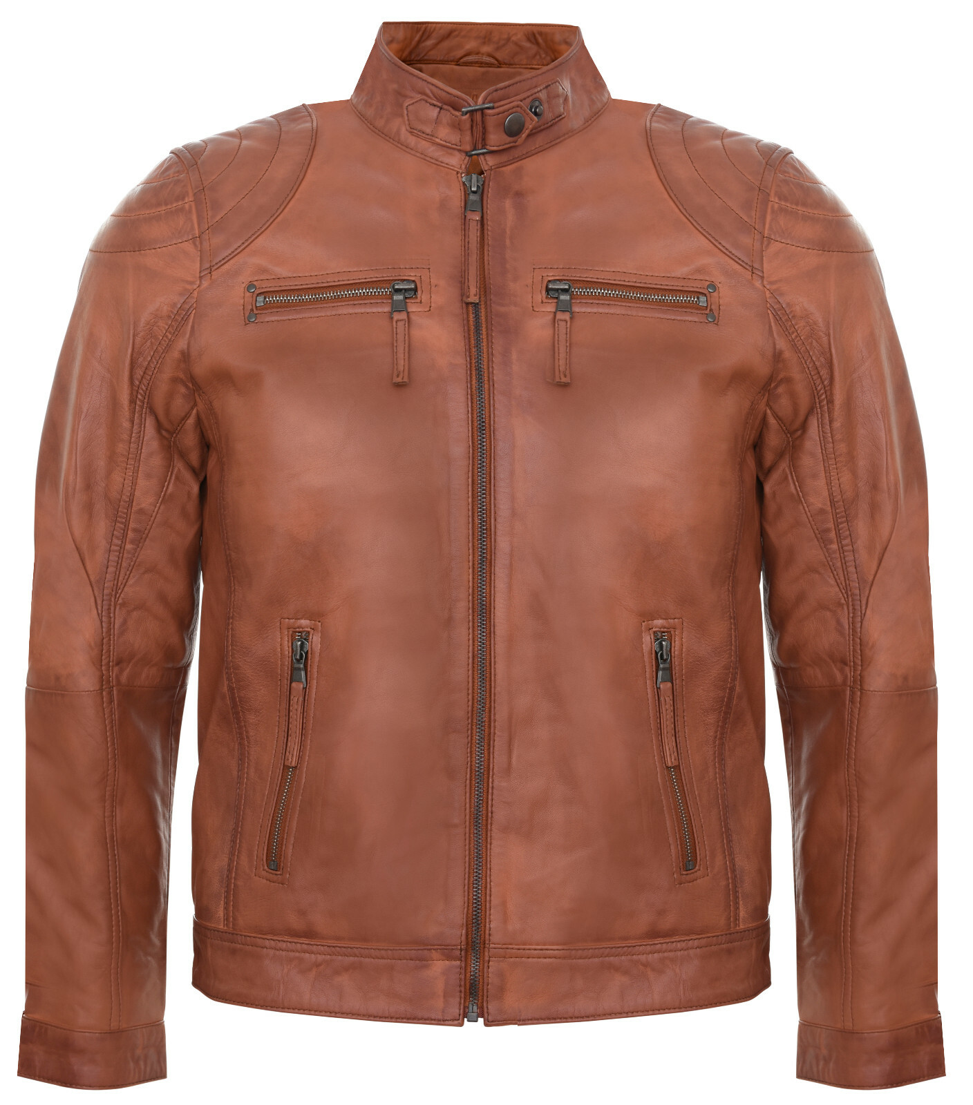 Men's Tan Leather Biker Jacket Vintage Retro Casual Zipped