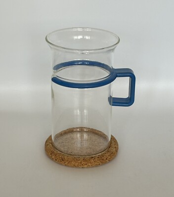 Bodum Bistro Tall Glass Coffee Teacups Mug Blue Handle Cork Picard Vintage