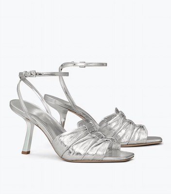 Pre-owned Tory Burch Ruched Heel Sandal In Silver