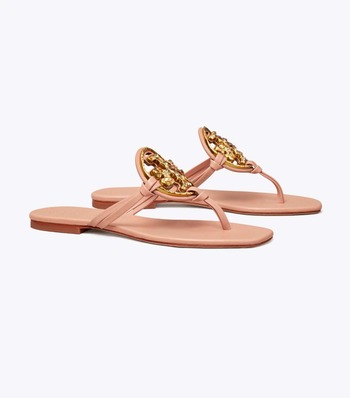 Pre-owned Tory Burch Metal Jeweled Miller Crystal Embellished Sandals Meadowsweet Pink