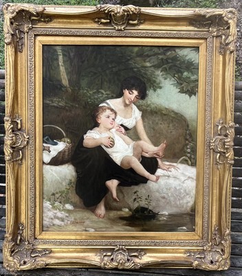 Large 19th C MOTHER CHILD PLAYING FRENCH PAINTING after EMILE MUNIER
