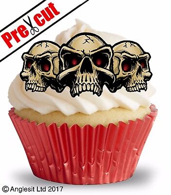 PRE-CUT SCARY SKULLS EDIBLE WAFER PAPER CUP CAKE TOPPERS HALLOWEEN DECORATIONS