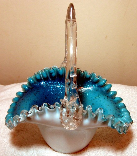 Antique Victorian Art Glass Basket Blue with Mica Chips and Thorn Handle