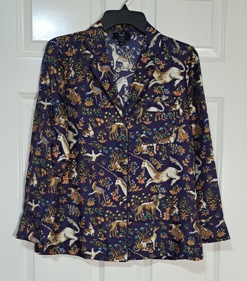 DRAKE'S LONDON FOR J.CREW Silk Pajama Top Midnight Unicorn Blue Print Size 2