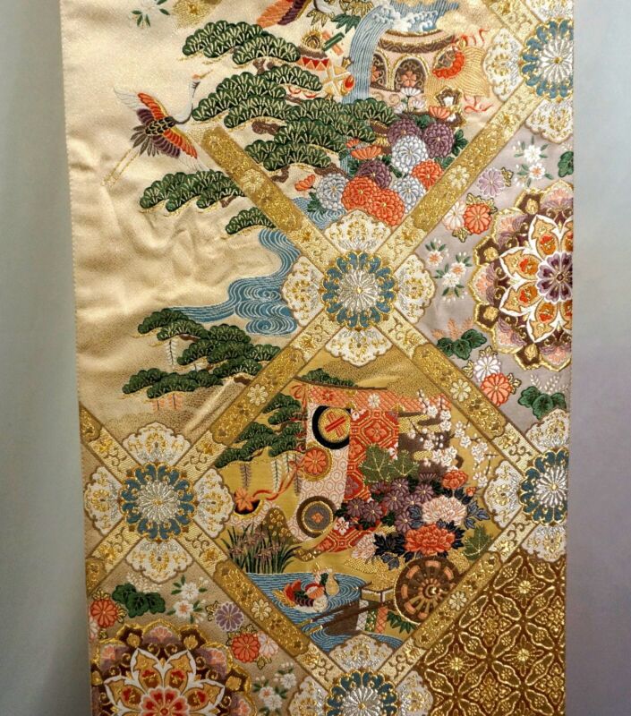 Japanese Kimono, SILK Fukuro OBI,Rokutu,Gld/Silver threads,Rowel,Pine,14