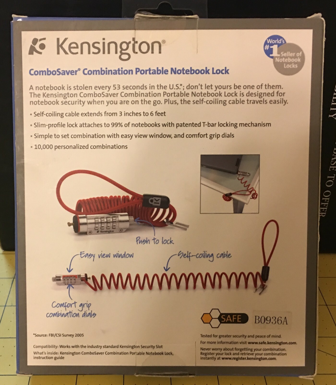 NEW Kensington K64576US ComboSaver Laptop Computer Combination Cable Lock RED