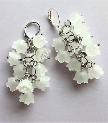 WHITE  FLOWER CLUSTER Long Dangle wedding mothers day earring SP LEVER BACK