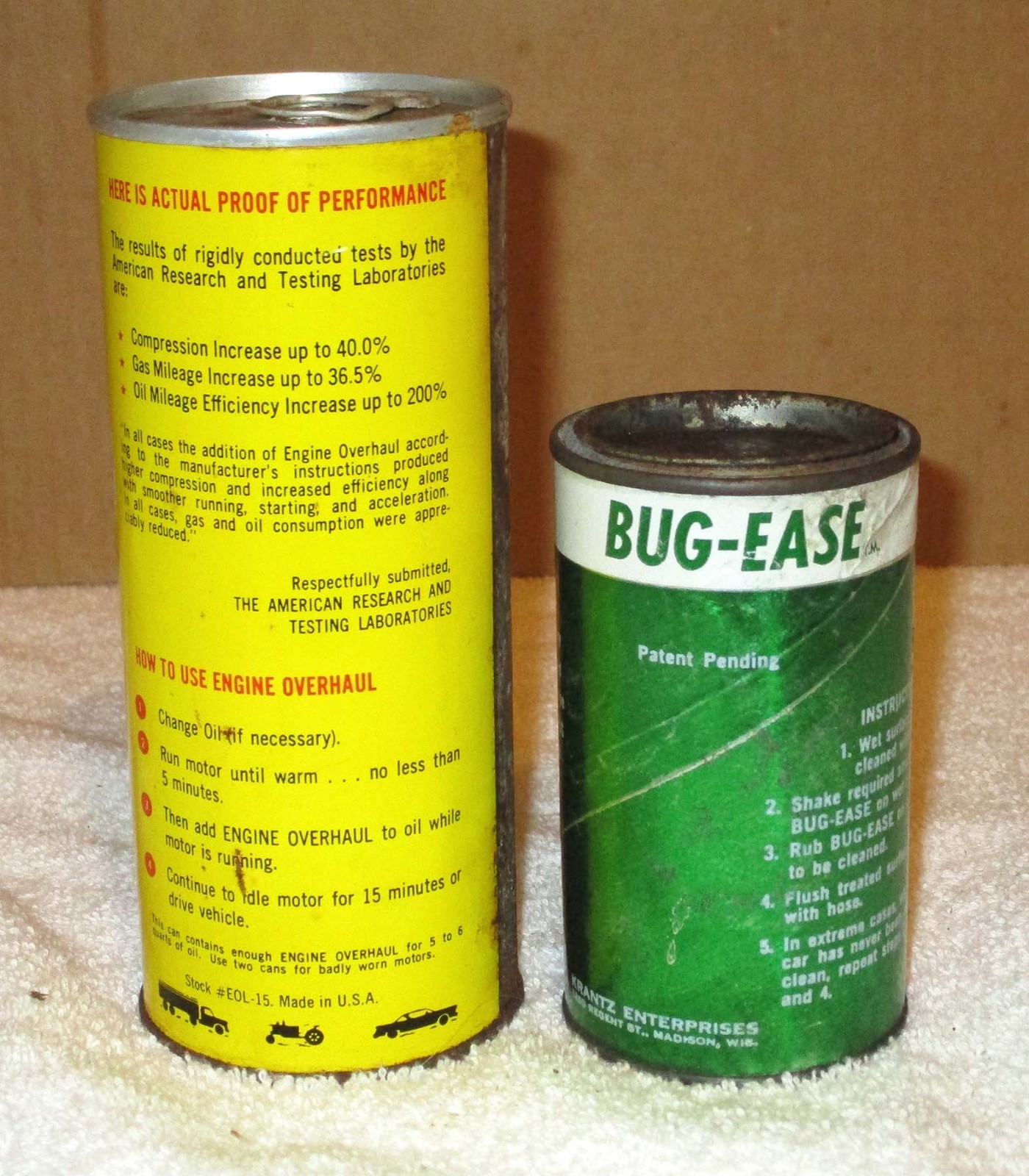 Two Vintage Car Care Tins With graphics 1950's 1960's Engine Overhaul Bug- Ease