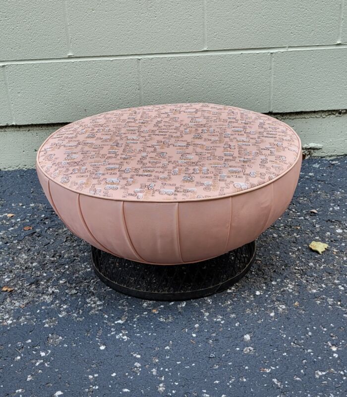 Rare Mid Century Round Ottoman Footstool Pink With Iron Base Modern Kitschy