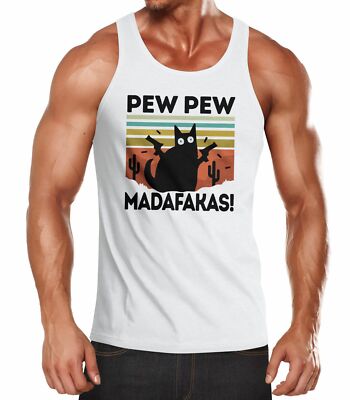 Herren Tanktop Pew Pew Madafakas! schwarze Katze Spruch Meme lustig Muscle