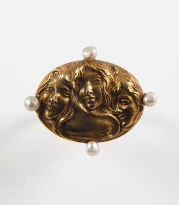 14k Gold Art Nouveau Three Graces Portrait Pearl Conversion Ring Size 8.75