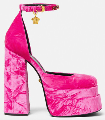 NIB Versace Medusa Aevitas Fuchsia Pink Velvet Crystal Platform Pumps 37 7 $1575