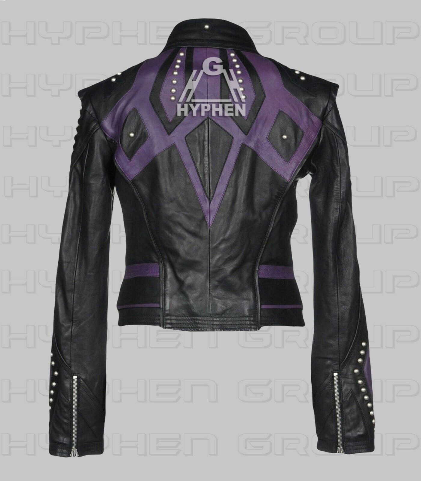 Pre-owned Handmade Women Black Purple Pocketed Silver Studded Cowhide Biker Leather Jacket
