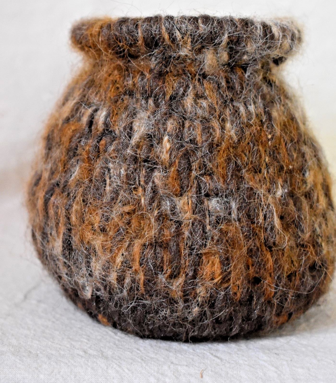 Handmade Woven Wool Basket Container soft browns tans black grays 4 inches tall