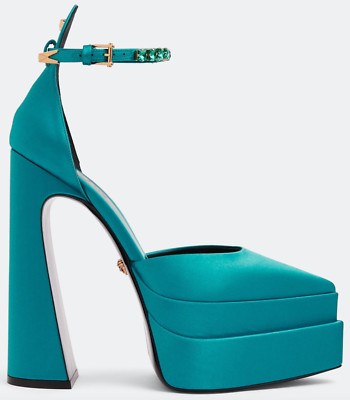 NIB Versace Medusa Aevitas Teal Satin Crystal Pointed Platform Pumps 41 11 $1725