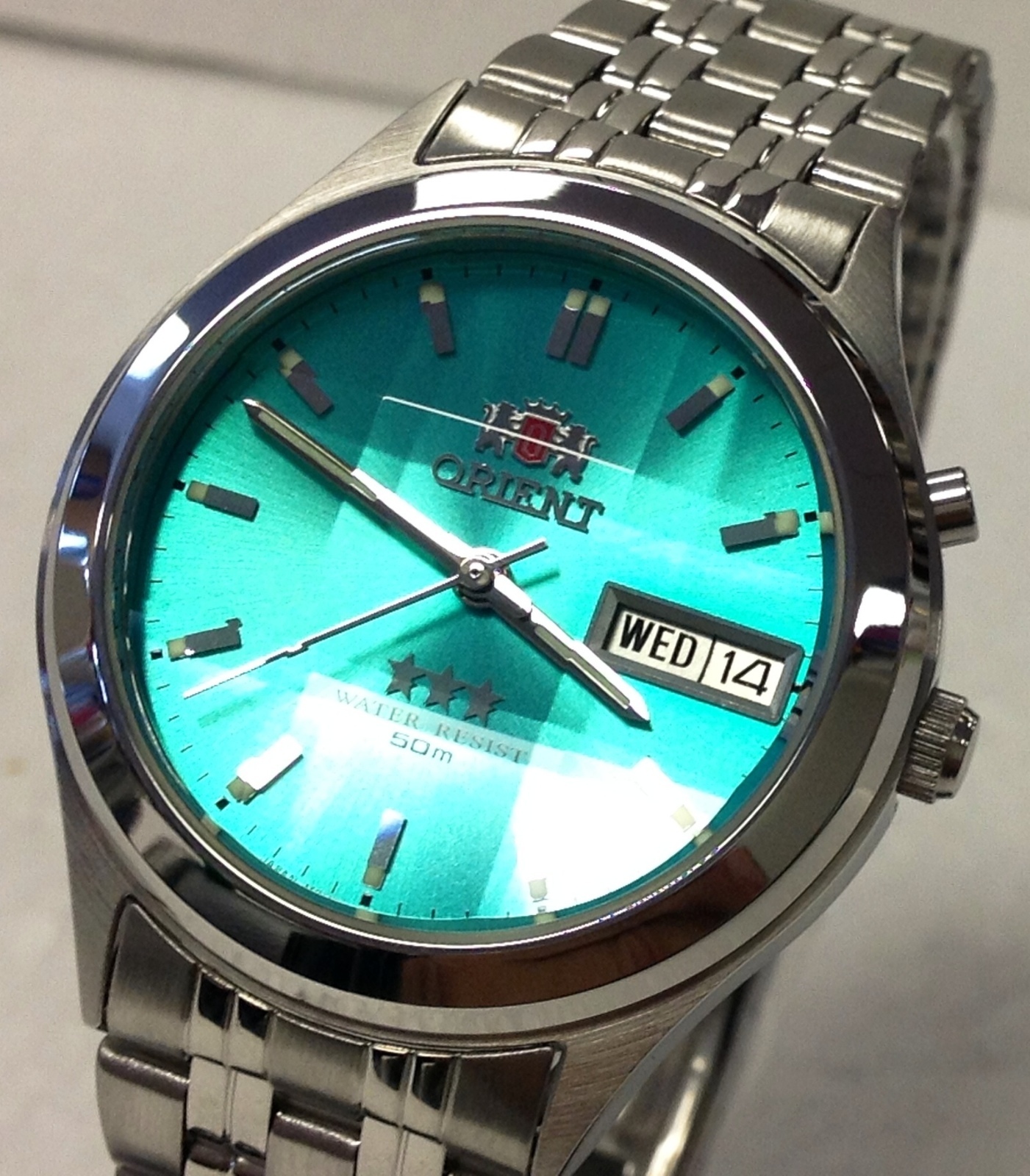 New Orient Green Dial Men's Faceted Automatic Silver Watch W Box F