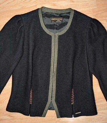 Geiger Tyrol Wool Sweater Womens Austria 44 Pure Black Metal Hook Loop 