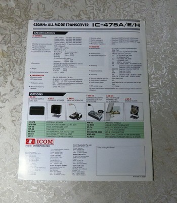ICOM IC-475A/E/H TRANSCEIVER ADVERTISING FLYER 1989 ORIGINAL