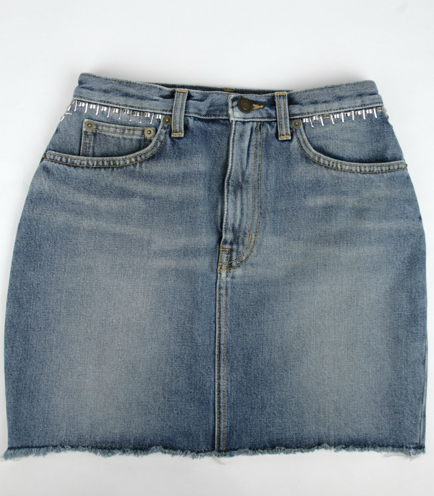 Pre-owned Saint Laurent $890  Women's Dirty Light Blue Denim 80s Mini Skirt 27 449103 4270