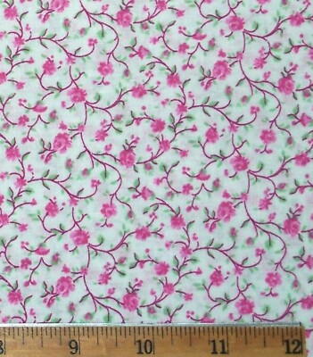 Wildflower calico Pink trailing Vine on White 1yd 100% Cotton