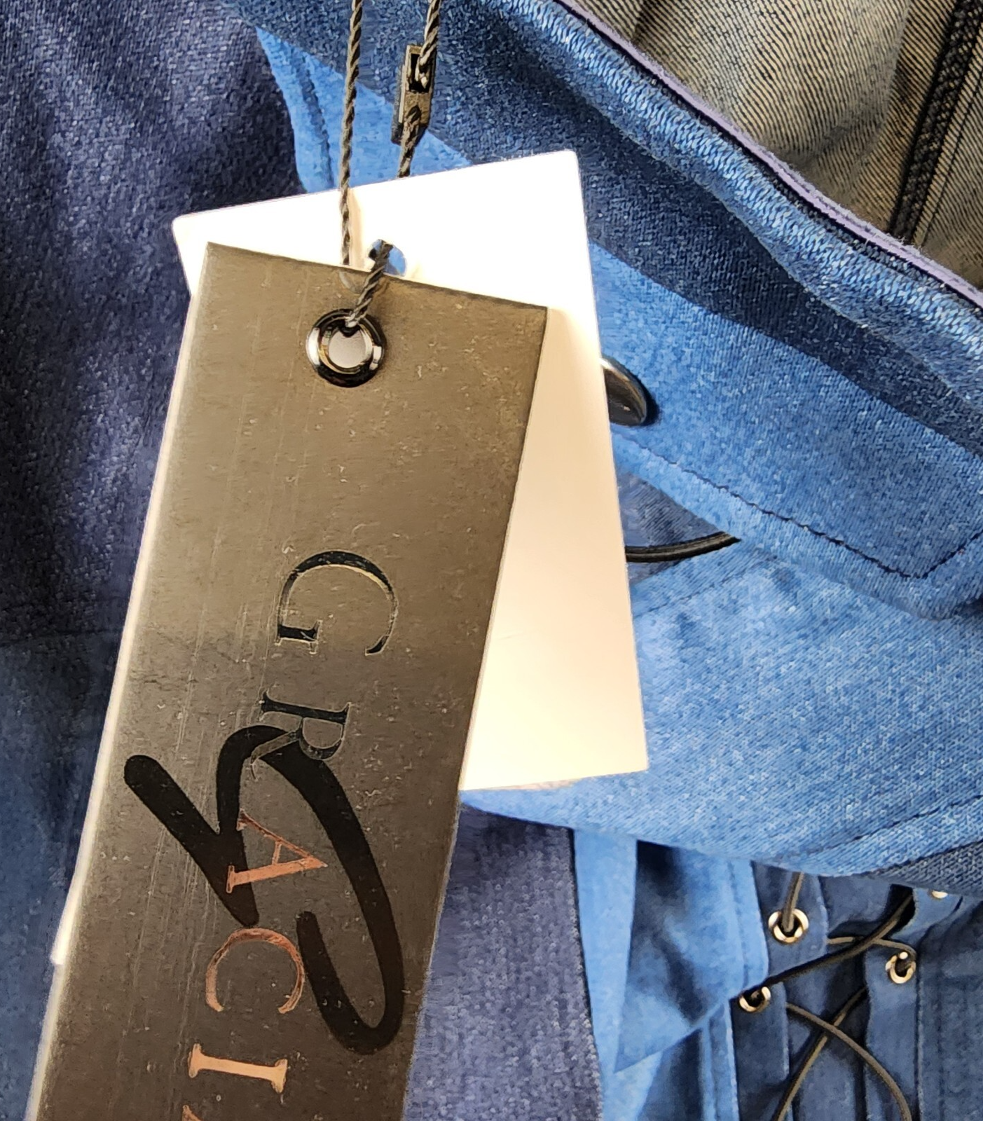 Gracia Criss Cross String Mini Dress Women's M Denim Sleeveless Side Zip Closure - Picture 10 of 14