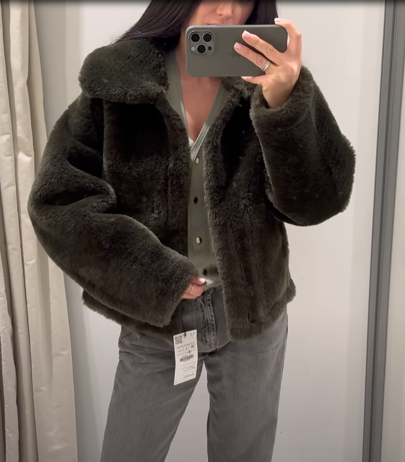 Zara Short Faux Fur Jacket Coat ZW Collection Khaki Green