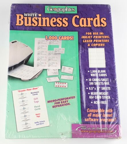 Pack of 1,000 Geographics White Business Cards 65# Card Stock for Inkjet & Laser