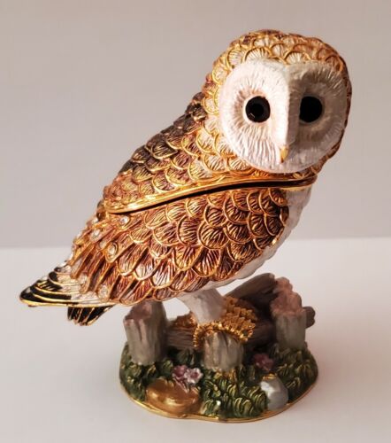 Owl Bird Miniature Pewter Enamel Hinged Jewelry Ring Trinket Box With Lid Decor