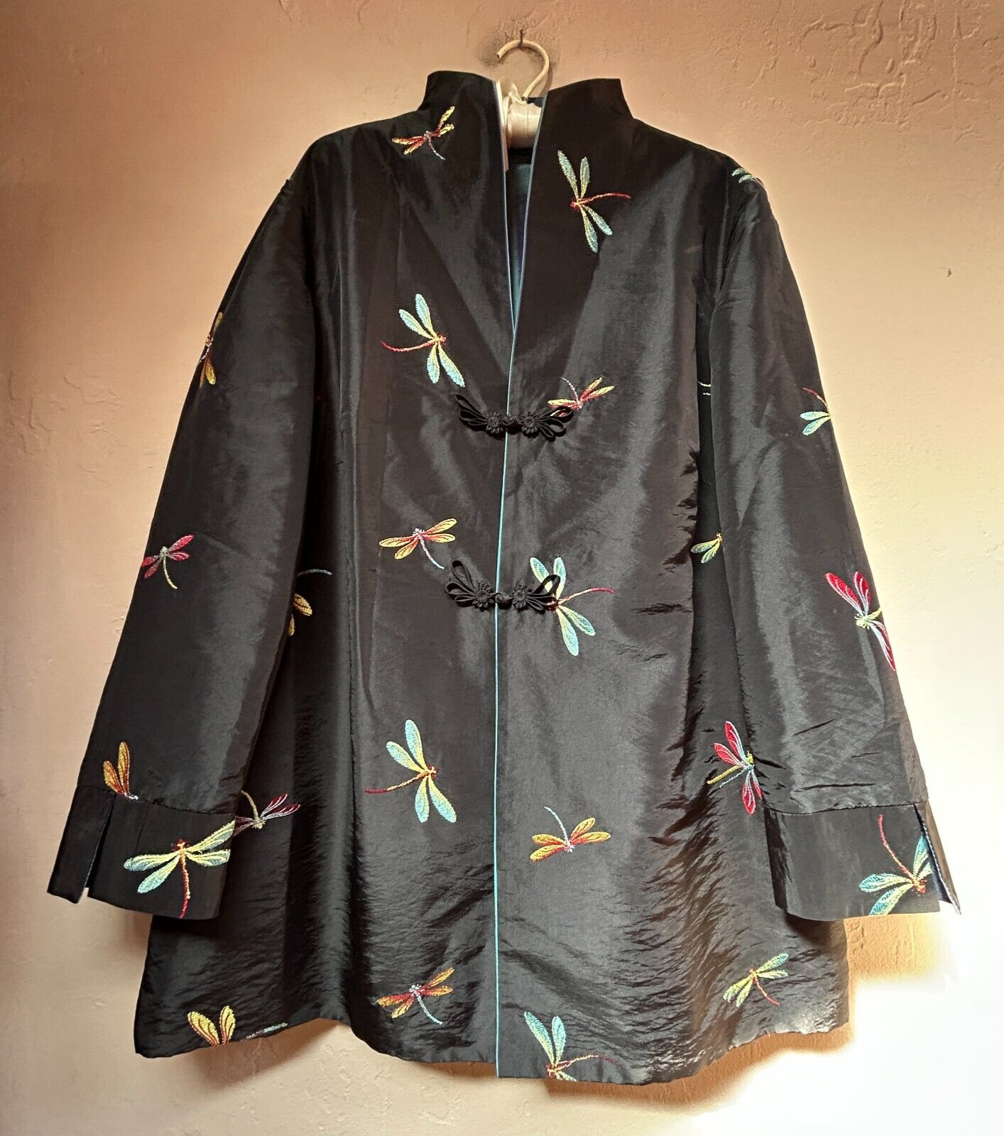 Women's Black Asian Japanese Embroidered Dragonfly