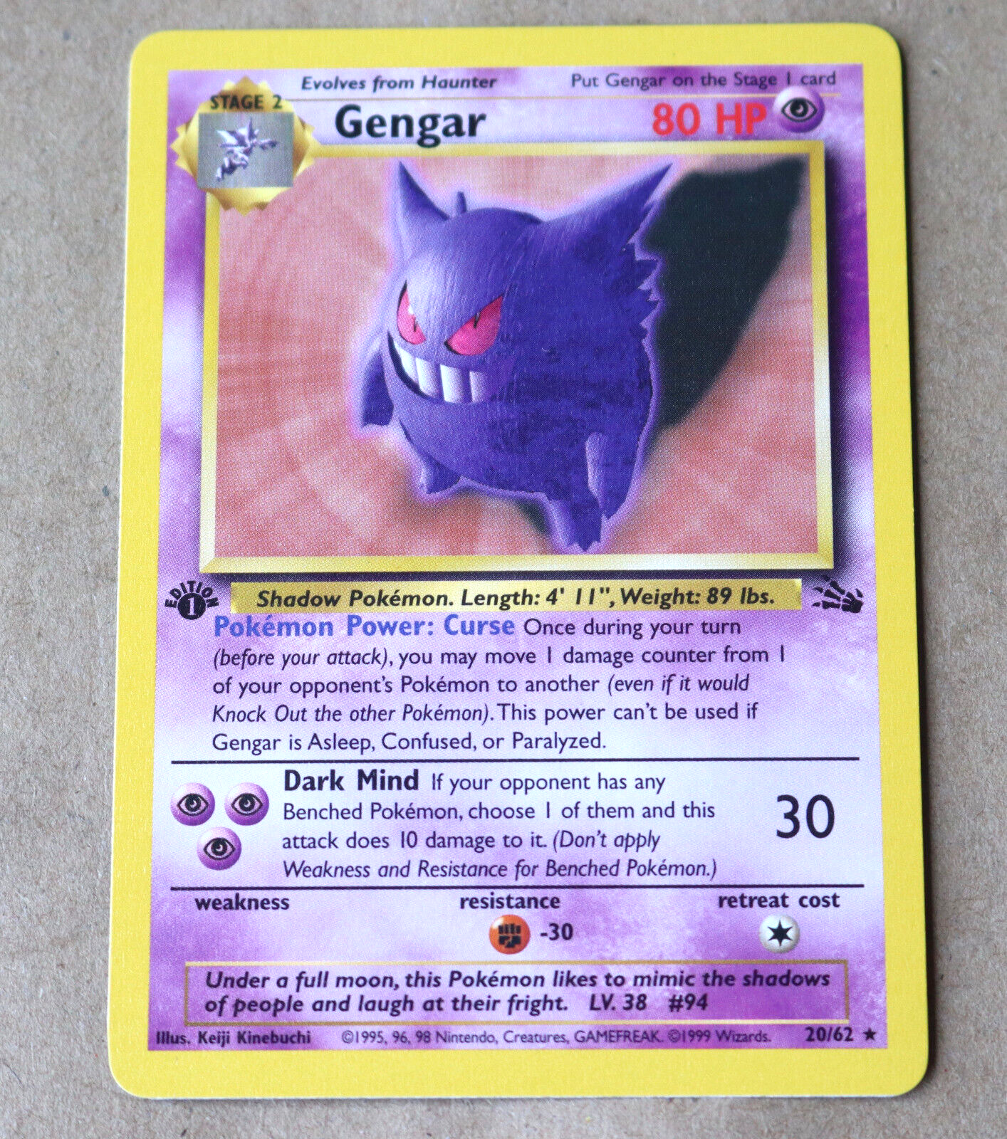 Gengar 1st Edition Fossil Set Pokemon Card 20/62 Non-Holo