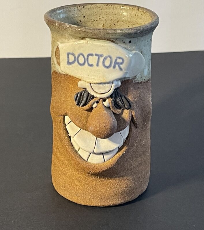 Funny Handthrown Studio Clay  Face Mug- Smiling Ugly Face “DOCTOR".  READ