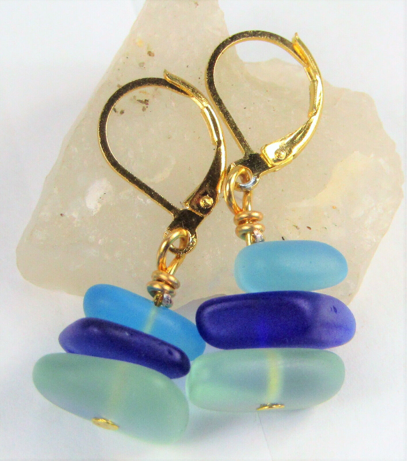 Details about   Square Cobalt Blue Sea Glass Gold Dangle Earrings USA SELLER Handmade